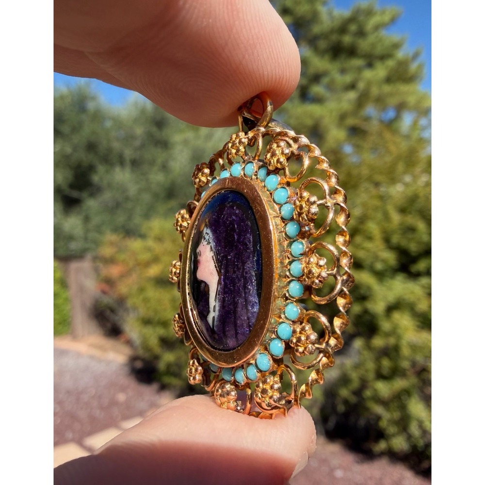 Antique‎ 20k Solid Yellow Gold Filigree Enamel Cameo Turqiouse Pendant Portugal - Picture 11 of 11